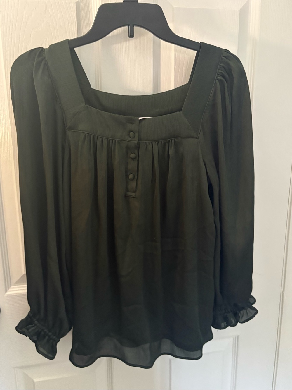 Womens Dark Green Square-Neck Long Sleeve Blouse